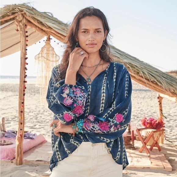 Sundance Joy In Beauty Floral Embroidery Tie Dye Print Tassel Tie Balloon Sleeve - Picture 2 of 16